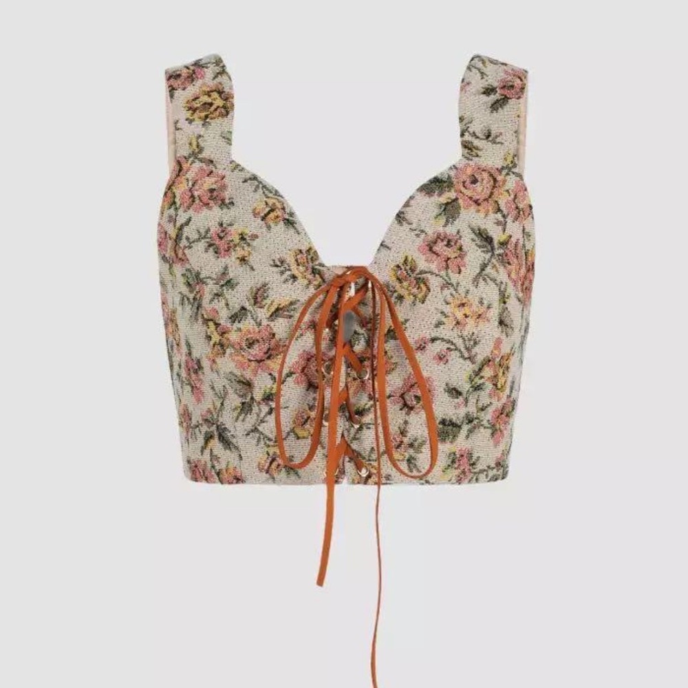 Cider Floral Lace-Up Cropped Tank Top in Cream, Pink & Green